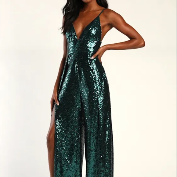 NWT! Lulus After Party Babe Emerald Green Sequin Wide-leg Jumpsuit - Size M - Picture 4 of 4